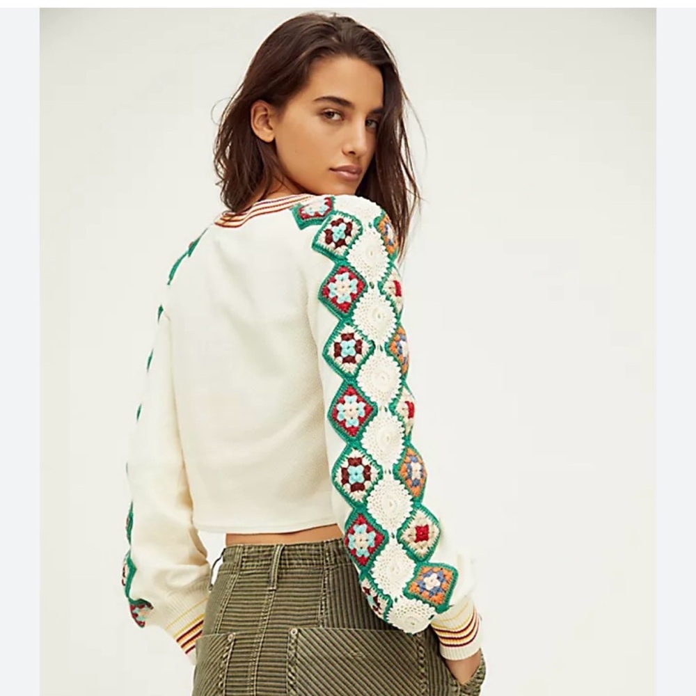 We The Free Crochet Granny Square Sleeve Boho Top Size Large - Picture 2 of 12